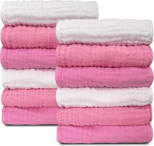 Sunny zzzZZ Baby Muslin Washcloths -100% Cotton Muslin Soft Baby Bath Wash Cloths and Absorbent Burp Cloths for Newborns Kids Girls and Boys -12 Pack, 12x12 Inches - White+Deep Sakura Series