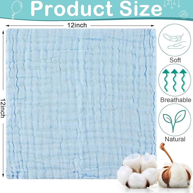 Chumia 30 Pcs Baby Muslin Washcloths Muslin Burp Cloths Baby Towel Natural Cotton Burp Cloths Wipes Soft Newborn Face Towel Absorbent for Face Bath Shower, 12 x 12''(Blue, White, Green, Yellow, Pink)