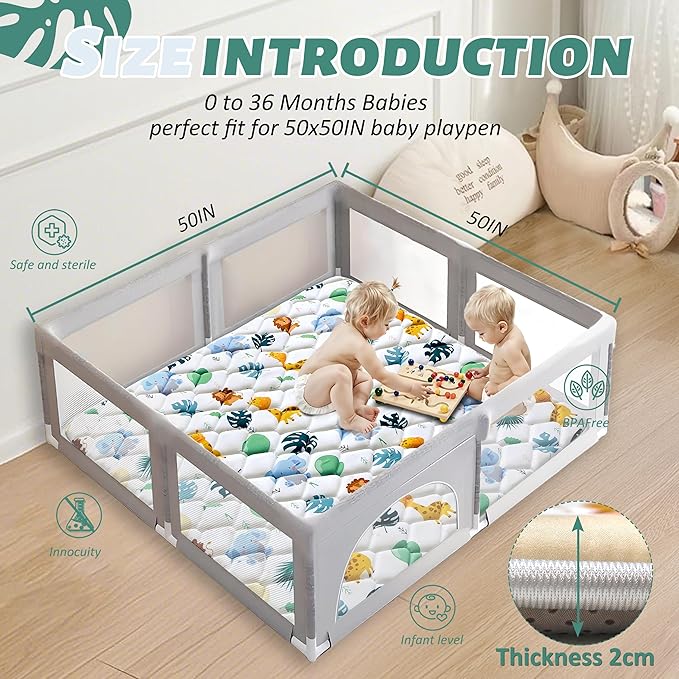 Baby Play Mats for Floor, Playpen Mat for Babies, Extra Thicker & Soft Floor Crawling Mat, Foldable Non-Slip Playmat Cushioned for Infants Toddlers (White-green, 50x50 Inch)