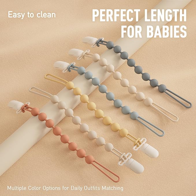Cuddle Campus Silicone Pacifier Clip Holder with One Piece Design, Pack of 5 Soft Flexible Binky Clips for Baby Boy and Girl Set 1((3M+ Plastic Clip)