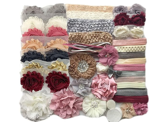 Baby Shower Headband Kit - Makes Over 30 Headbands, DIY Activity, Includes 5/8" Fold Over Elastic, 1/8" Skinny Elastic, Felt Circles, Embellishments, and More - Antique