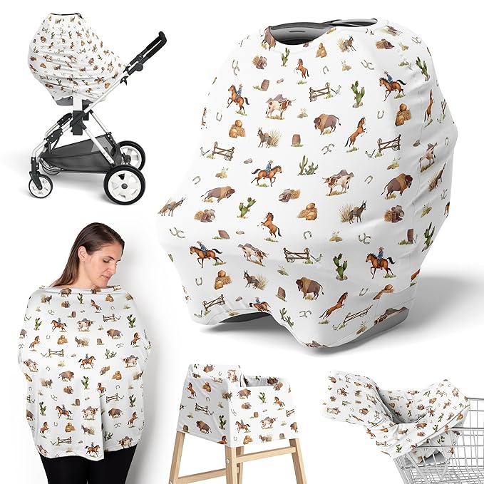 Sweet Jojo Designs Western Cowboy Boy Infant Baby Car Seat Cover Nursing Breastfeeding High Chair Shopping Cart Stroller Carseat Canopy Carrier Multipurpose Use Wild West South Horse Cow Farm Animal