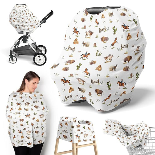 Sweet Jojo Designs Western Cowboy Boy Infant Baby Car Seat Cover Nursing Breastfeeding High Chair Shopping Cart Stroller Carseat Canopy Carrier Multipurpose Use Wild West South Horse Cow Farm Animal