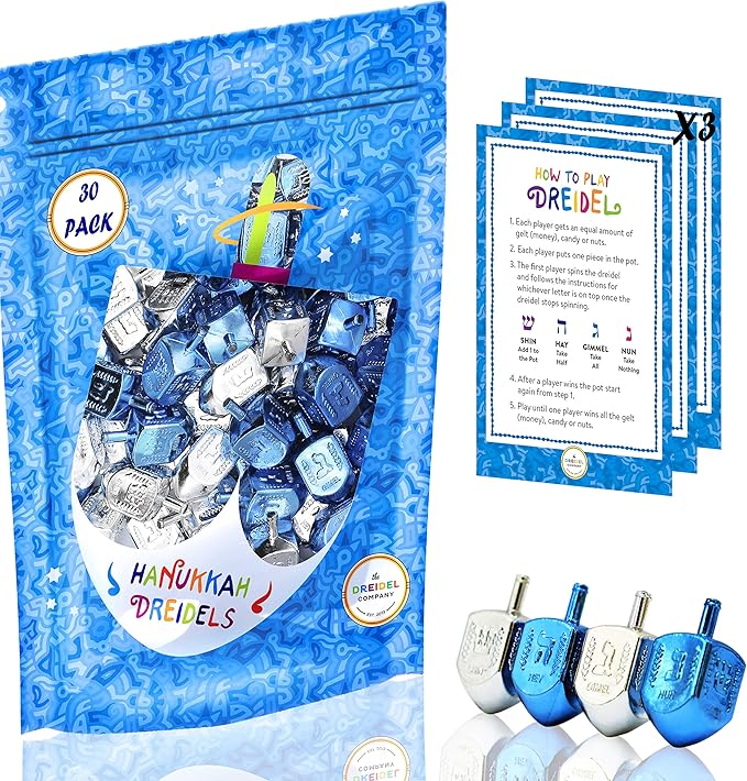 The Dreidel Company 25-Pack Hanukkah Plastic Silver & Blue Metallic Dreidels with English Translation, Spinning Tops Includes Dreidel Game Instruction Card