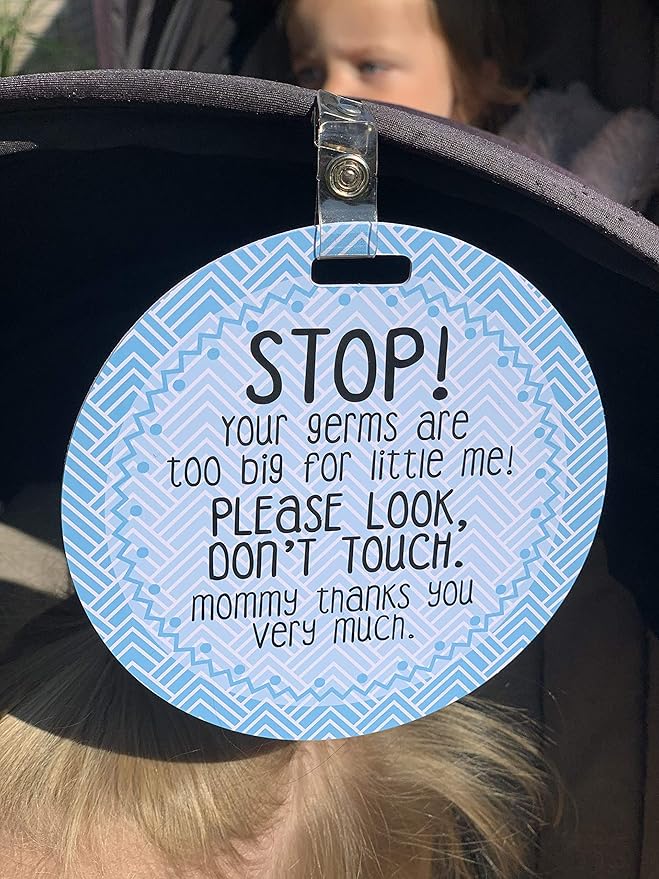 (Three Little Tots) No Touching baby Car Seat and Stroller TWO PACK- Baby Safety No Touching Car Seat Sign, Stroller Sign, Newborn Car Seat Tag- CPSIA Safety Tested (Blue Mommy/Black White)
