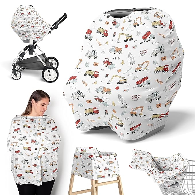 Sweet Jojo Designs Red and Blue Construction Truck Boy Infant Baby Car Seat Cover Nursing Breastfeeding Shopping Cart Stroller Canopy - Grey Yellow Orange Brown Black and White Transportation