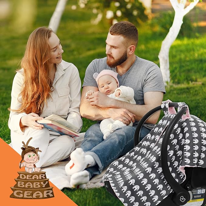 Dear Baby Gear Car Seat Canopy - Infant Car Seat Cover for Maximum Protection and Style - Soft and Breathable - Carseat Canopies for Boys and Girls - Elephants on Gray/Pink Dot - 40"x30"