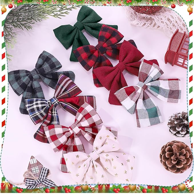 Obeoby Hair Bows with Hair Clips for Girls Toddlers, 8 Pcs Handmade 5" Floral Hair Accessories Red Bow for Kids 2-12 years Stocking Stuffers Christmas Gifts for Baby Teens Birthday School Party