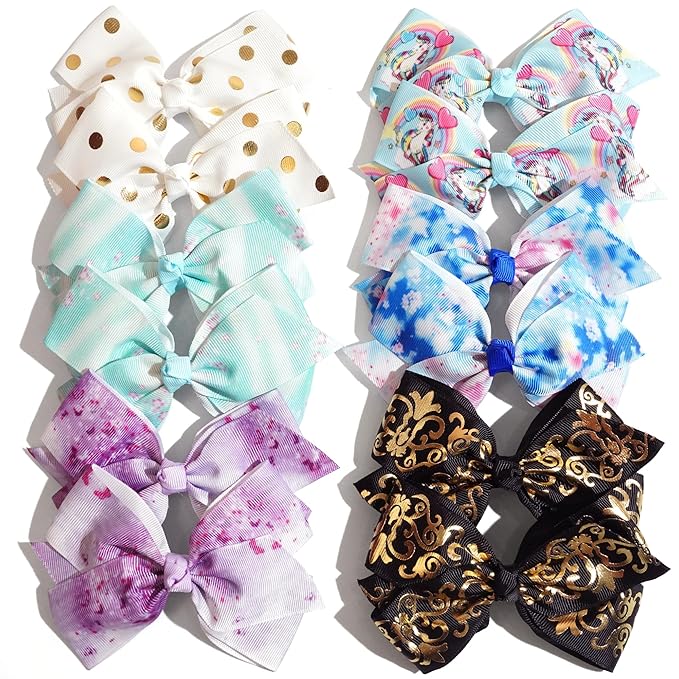 24PCS 4.5Inch Bows for Girls Boutique Grosgrain Ribbon Rainbow Hair Bow Alligator Hair Clips Pigtail Bows Unicorn Hair Clips for Baby Girls Toddler Kids Children Teens in Pairs…