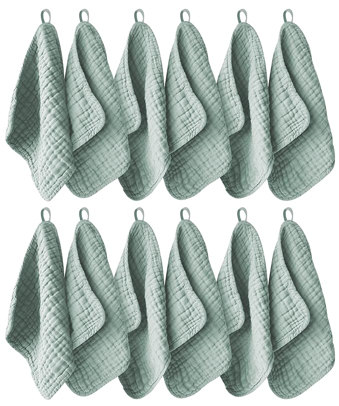 Ease Cubs 12 Pack Muslin Washcloths for Baby - 100% Cotton Baby Wash Cloths for or Baby Face Body Comfy and Soft for Newborn Infants Kids Girls and Boys - 12"x12" - Green