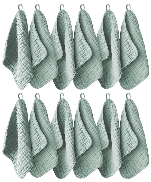 Ease Cubs 12 Pack Muslin Washcloths for Baby - 100% Cotton Baby Wash Cloths for or Baby Face Body Comfy and Soft for Newborn Infants Kids Girls and Boys - 12"x12" - Green