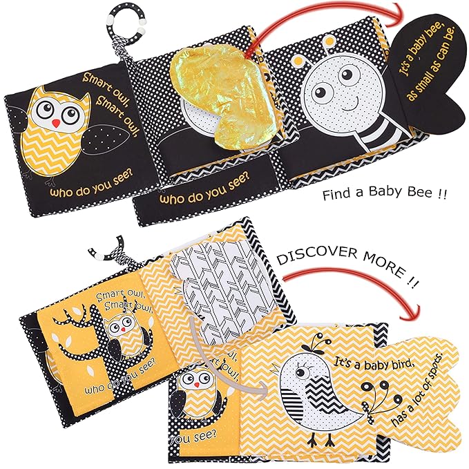 Touch and Feel Cloth Crinkle Books for Babies Infant, Baby Books Toys 0-3-6-12 Months, Easter Shower Baby Gifts, High Contrast Toy,Teething Teethers, Tummy Time Mirror Toys for Boys and Girls-Owl
