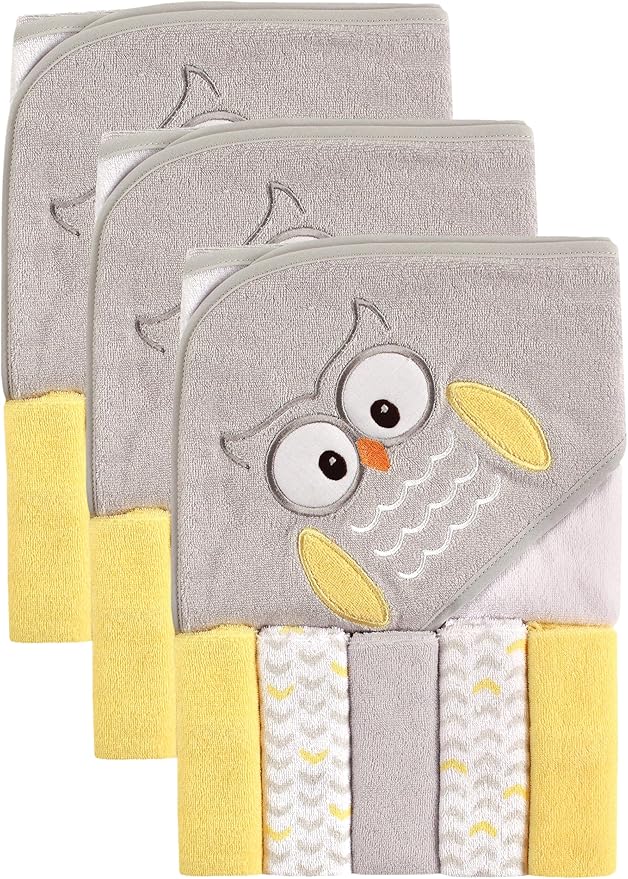 Luvable Friends Unisex Baby Hooded Towel with Five Washcloths, Owl, One Size (Pack of 3)