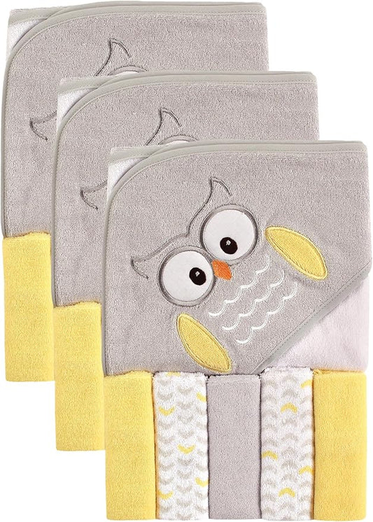 Luvable Friends Unisex Baby Hooded Towel with Five Washcloths, Owl, One Size (Pack of 3)