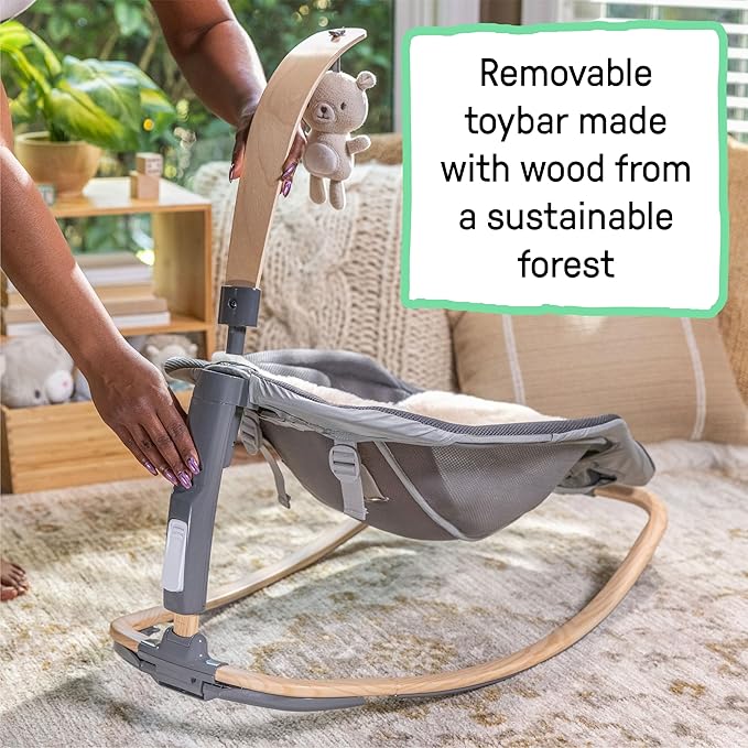 Ingenuity Every Season 2-in-1 Baby Rocker & Seat - Cooling and Warming Fabrics, Detachable Sustainable Wooden Activity Bar, Music, Vibration, for Ages 0-30 Months, Wesley (Grey)