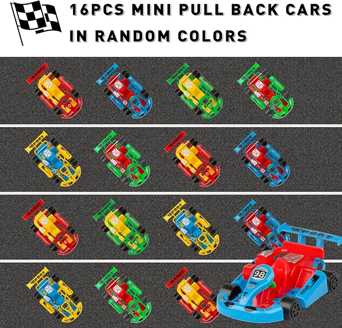 PROLOSO 16PCS Mini Go Karts Wind Up Car Assorted Little Pull Back Friction Powered Cars Themed Party Favors Kids Vehicle Toy Classroom Prizes Treasure Box Treat Bag Fillers