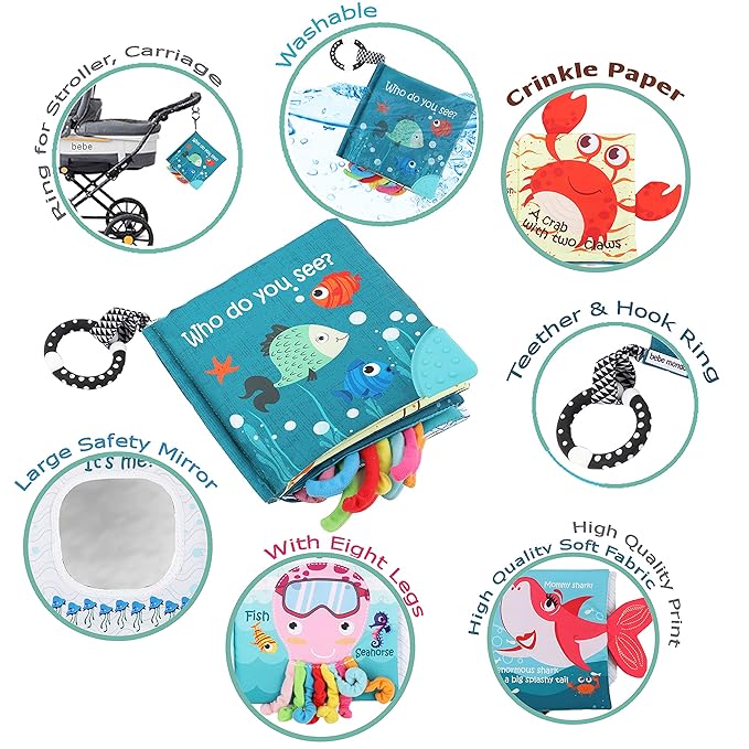 Fish Baby Books Toys, Touch Feel Cloth Crinkle Books for Babies,Baby Infant Toys 0-6, 6-12,12-18 Months,Early Learning Education, Easter Baby Gifts Shower for Boys Girls, Teething, Mirror,Shark Ocean