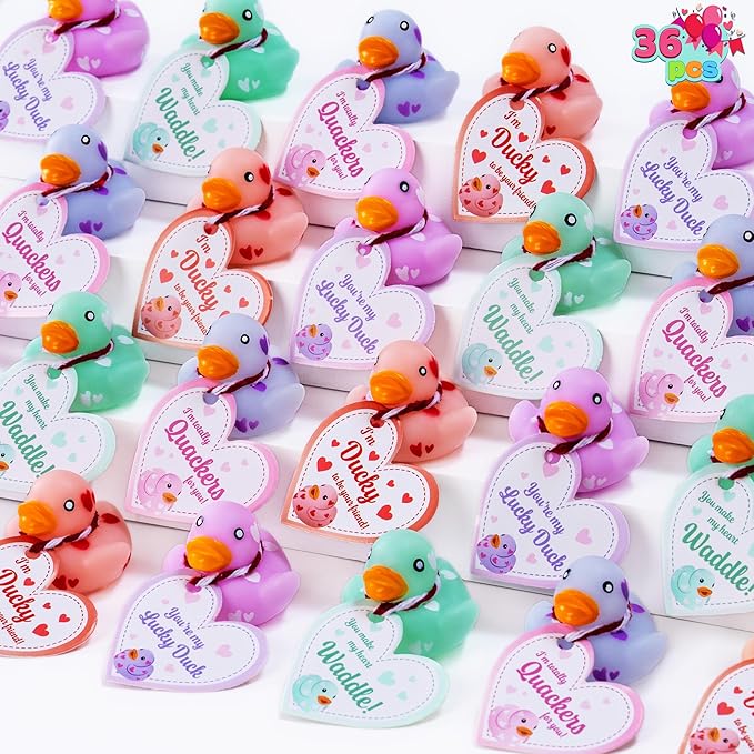 JOYIN 36 Pcs Valentine’s Day Mini Rubber Ducks with Cards for Kids, 4 Colors Duckies Bath Toys with 4 Card Designs for Classroom Exchange Prizes, Valentine Party Favors Toys