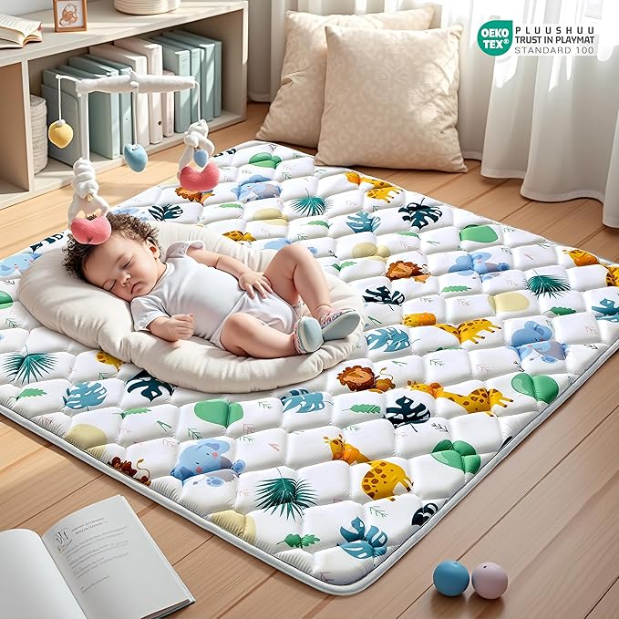 Baby Play Mats for Floor, Playpen Mat for Babies, Extra Thicker & Soft Floor Crawling Mat, Foldable Non-Slip Playmat Cushioned for Infants Toddlers (White-green, 50x50 Inch)