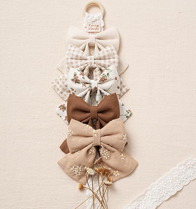 Hair Bows with Hair Clips for Girls Toddler Baby,Handmade 5" Flower Print Embroider Big Bows,FANCY CLOUDS Boutique Hair Accessorioes Gifts for School Kids