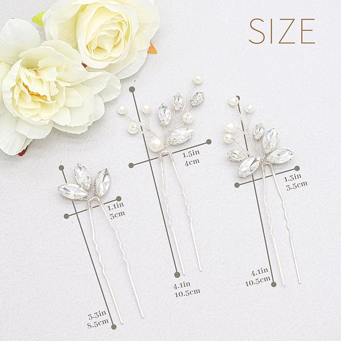 Oriamour Bridal Hair Pins 6 Pcs Rhinestone Wedding Hair Accessories Pearl Crystal Bobby Bridal Hair Clips Jewelry Bridal Hair Accessories for Brides Bridesmaids Flower Women Girls (Silver, 3.5'')
