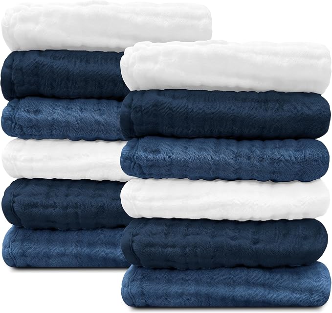 Sunny zzzZZ Baby Muslin Washcloths -100% Cotton Muslin Soft Baby Bath Wash Cloths and Absorbent Burp Cloths for Newborns Kids Girls and Boys -12 Pack, 12x12 Inches - White+Deep Navy Series