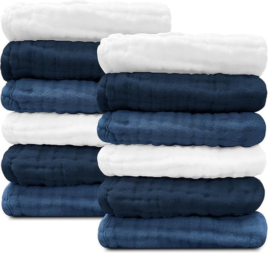 Sunny zzzZZ Baby Muslin Washcloths -100% Cotton Muslin Soft Baby Bath Wash Cloths and Absorbent Burp Cloths for Newborns Kids Girls and Boys -12 Pack, 12x12 Inches - White+Deep Navy Series