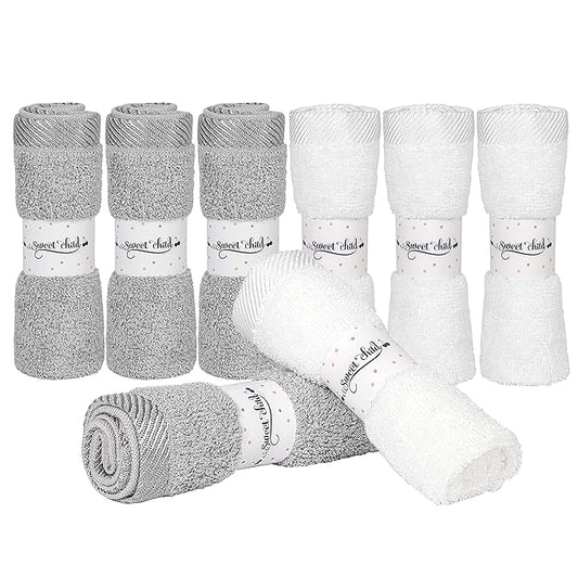 Sweet Child 8-Pack Baby Washcloths -Super Soft Rayon,Wash Cloths for Newborn,Infants and Kids, Bath Baby Towels, for Body and Face (Grey/White)