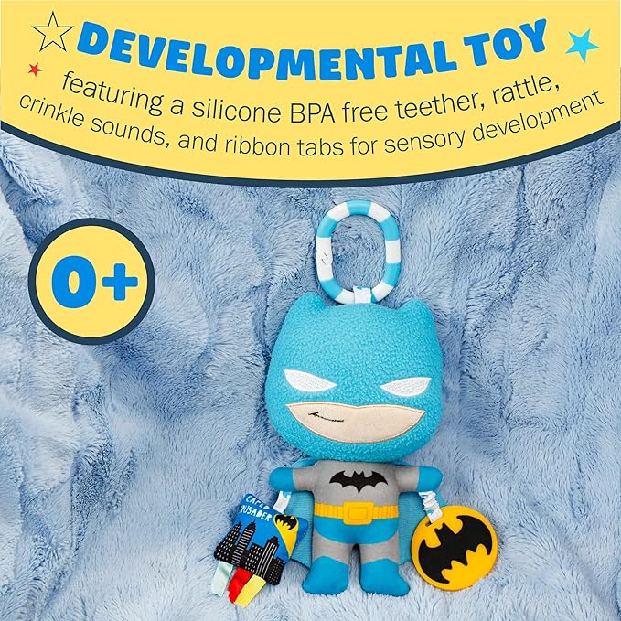 Kids Preferred DC Comics The Batman Multi Sensory Activity Toy with Teethers, Crinkle Textures, and Clip for On The Go Fun for Infant and Baby Boys and Girls, Medium