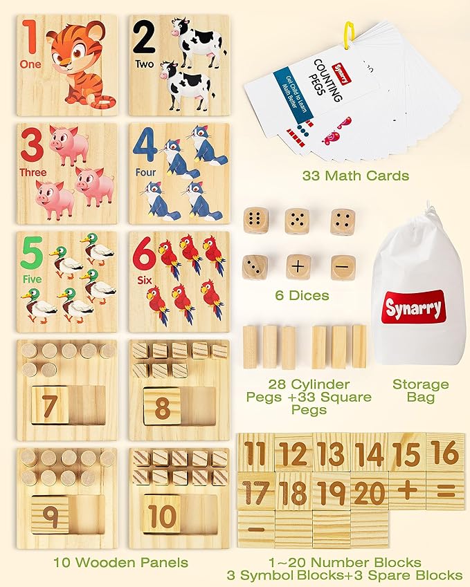 SYNARRY Wooden Counting Peg Boards - Montessori Math Manipulatives for Kindergarten Learning Activities, Number Addition and Subtraction Game, Easter Basket Stuffer Gift for Kid Ages 3-8