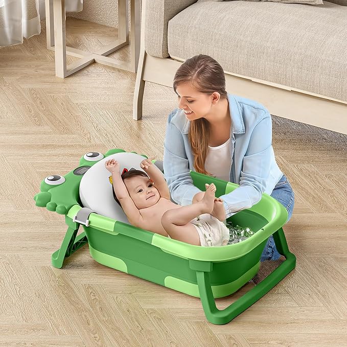 Collapsible Baby Bathtub for Newborns to Toddler with Real-time Temp Monitor & Floating Cushion,Portable Travel Tub for 0-36 Month, Foldable Baby Bath Tub for Infants(Vivid Green)