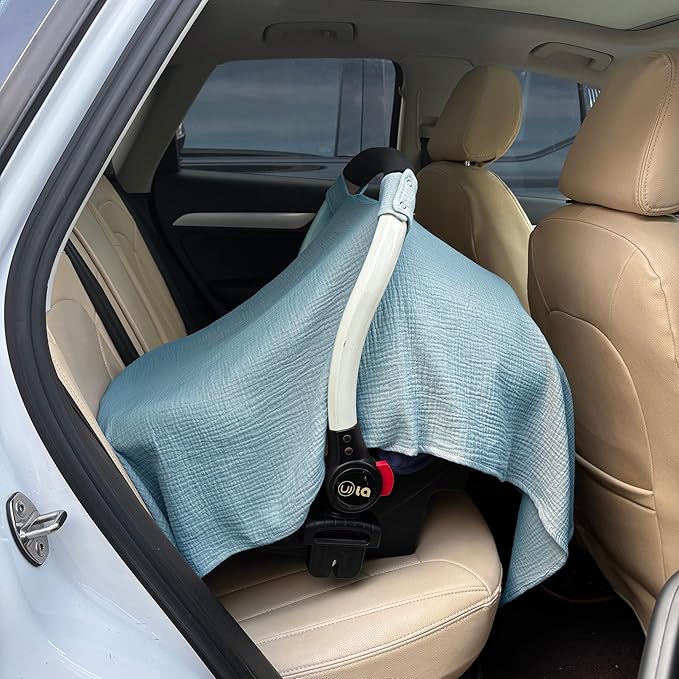 100% Muslin Cotton Car Seat Cover Baby, Carseat Canopy Cover, Universal Fit Stroller Covers for Boys and Girls (Blue)