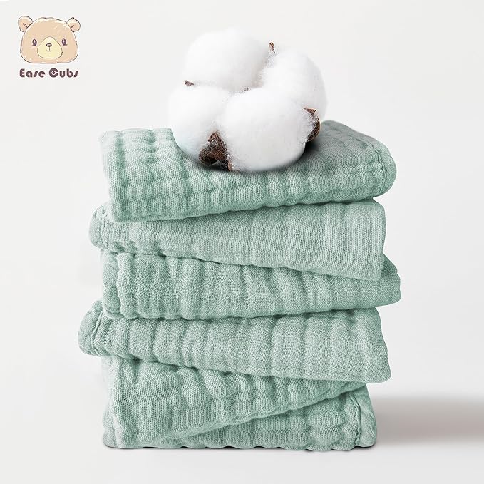 Ease Cubs 12 Pack Muslin Washcloths for Baby - 100% Cotton Baby Wash Cloths for or Baby Face Body Comfy and Soft for Newborn Infants Kids Girls and Boys - 12"x12" - Green