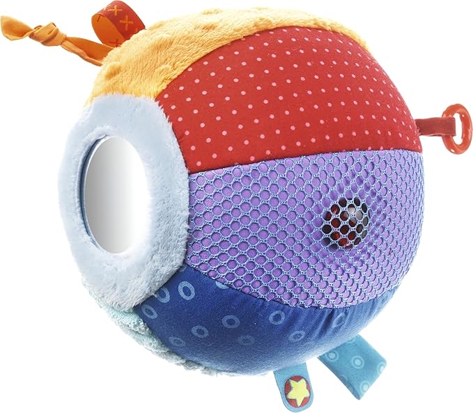 HABA Discovery Ball All Colors - Soft Colorful Tactile Patterns with Rings, Tags, Rattle & Mirror