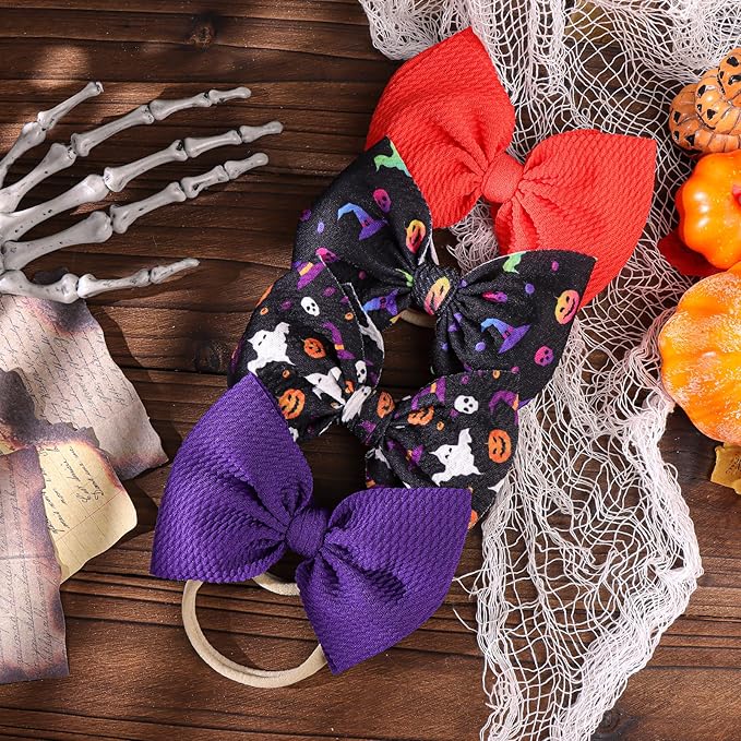 Halloween Baby Knot Ghost Hair Accessories - Headband with Nylon Elastic Bows in Purple and Orange