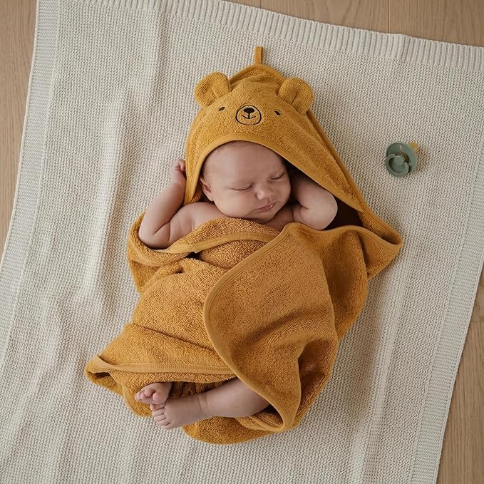 Hooded Baby Towels - 100% Organic Cotton Baby Bath Towels for Baby Boy, Baby Girl, 32" x 32" Super-Soft and Absorbent Baby Towels for Newborn (Bear - Autumn Yellow)