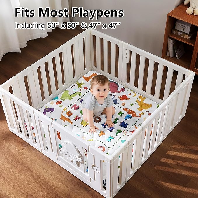Baby Play Mat for Floor - MORAIS 50x50 Inch with 800g Filling Thickened Crawling Mat for Playpen, Cushioned Playpen Mat with Anti-Slip Bottom and Animal Alphabet (Dinosaur Land)