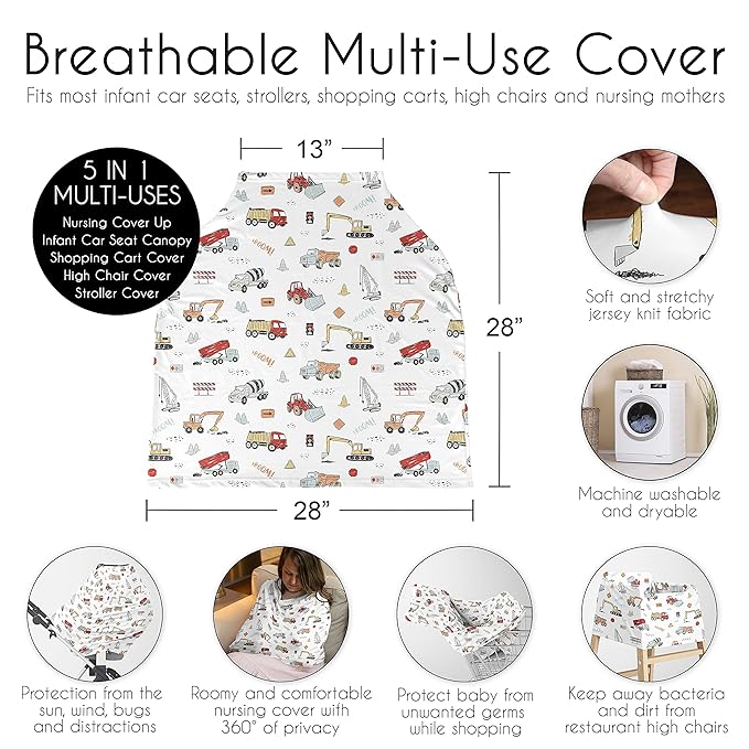 Sweet Jojo Designs Red and Blue Construction Truck Boy Infant Baby Car Seat Cover Nursing Breastfeeding Shopping Cart Stroller Canopy - Grey Yellow Orange Brown Black and White Transportation