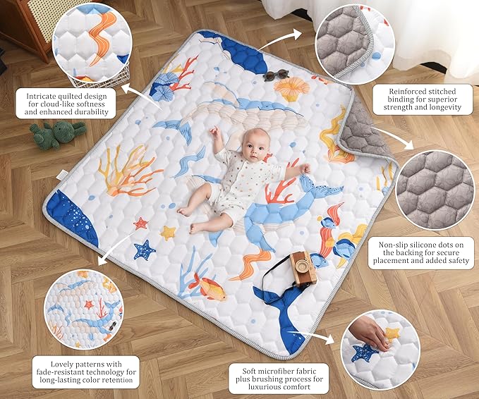TADO MUSLIN Baby Play Mat 50x50 Inch, Thickened Soft Floor Mat for Playpen, Machine Washable Foam Crawling Mat with Non-Slip Bottom for Babies and Toddlers, Foldable Padded Playmat
