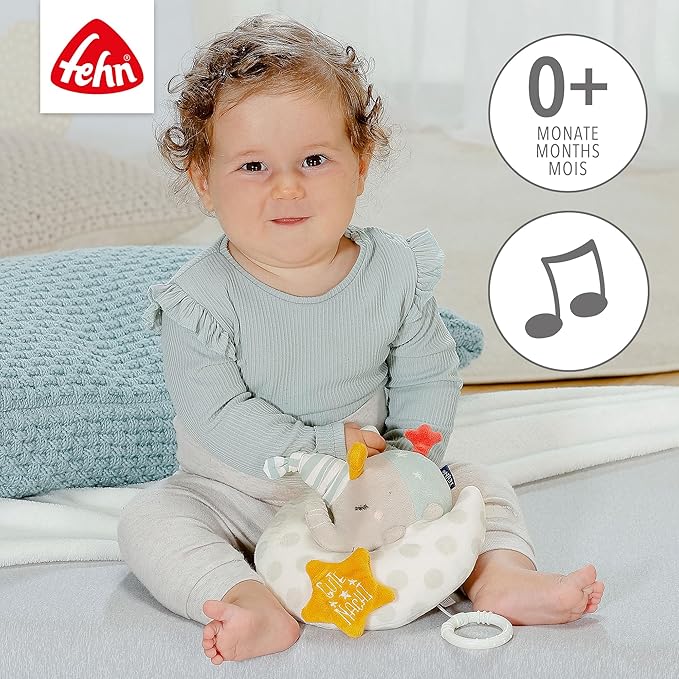 Fehn 053067 Musical Box Elephant in The Moon - Cuddly Toy & Sleep Aid with"Glow-in-The-Dark" Embroidery - Wind Up Music Box with Melody"The Moon is Up" - for Babies from Birth