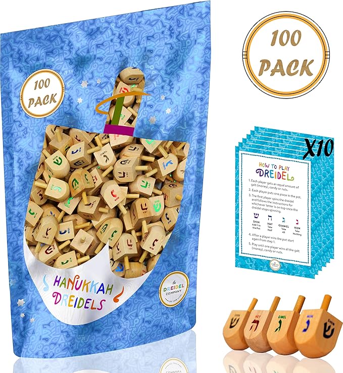 100 Natural Wood Dreidels Hanukkah Draydel with English Transliteration & 10 Instruction Cards