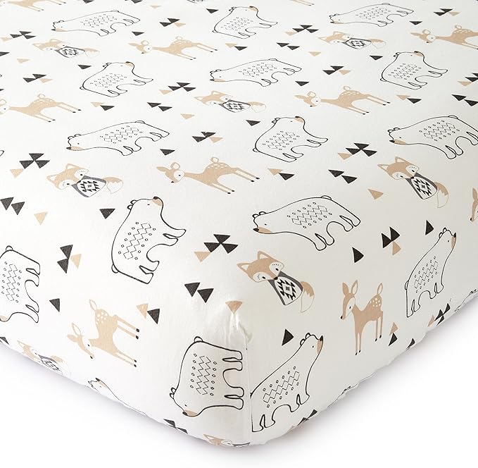 Levtex Baby - Bailey Bear Crib Fitted Sheet - Fits Standard Crib and Toddler Mattress - Tossed Bear, Fox and Deer - Black, Tan and White - Nursery Accessories - 100% Cotton