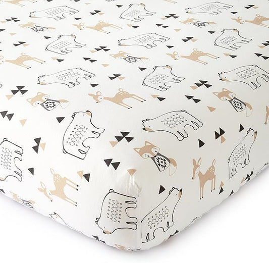 Levtex Baby - Bailey Bear Crib Fitted Sheet - Fits Standard Crib and Toddler Mattress - Tossed Bear, Fox and Deer - Black, Tan and White - Nursery Accessories - 100% Cotton