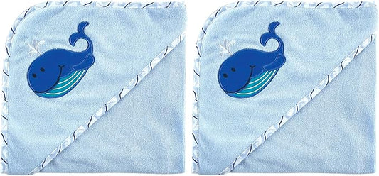 Luvable Friends Unisex Baby Hooded Towel and Washcloth, Blue Whale, One Size (Pack of 2)