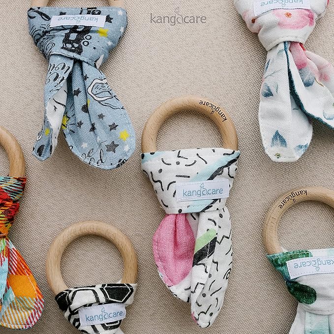 Kanga Care Baby Soft Muslin Sensory Crinkle Bunny Ear Wood Teething Ring - Radical 80's