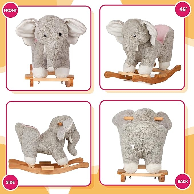 Baby Rocking Horse Wooden Rockers with Seat Elephant Rocking Horse Ride Plush Stuffed Animals Toy for Toddlers 1-3 (Gray，Elephant)