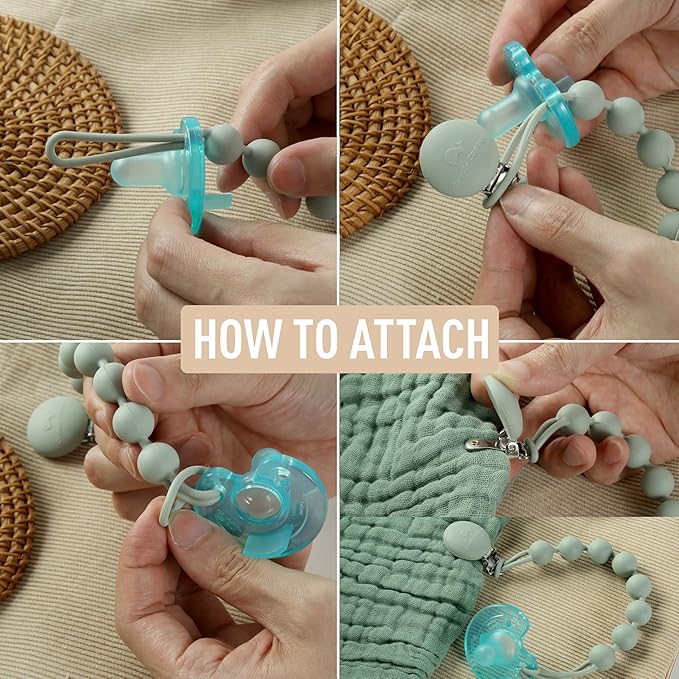 Cuddle Campus Silicone Pacifier Clip Holder with One Piece Design,Soft Flexible Binky Clips with Texture for Baby Boy and Girl Pack of 4 (0-6m)