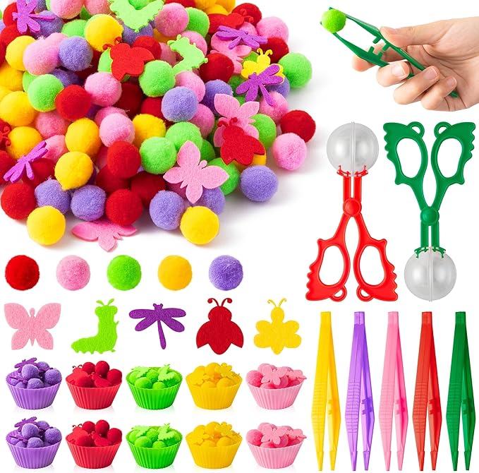 EZdhuawuse Spring Insects Sensory Bin Fillers Toys - Spring Easter Gift 268 Color Counting Sorting Fine Motor Toys Set for Kids, Felt Dragonfly Butterfly Pom Poms Cups Clips for Preschool Education