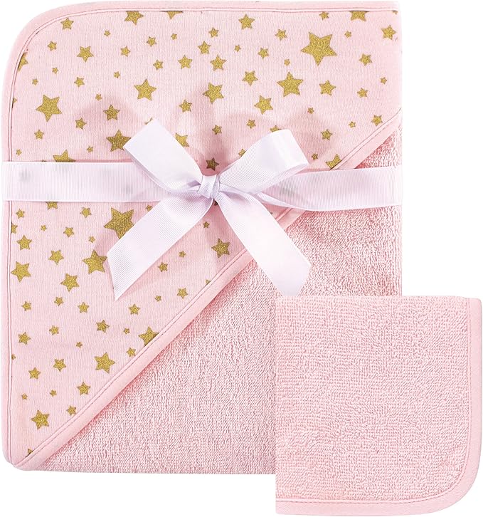 Hudson Baby Unisex Baby Cotton Hooded Towel and Washcloth, Pink Gold Star, One Size