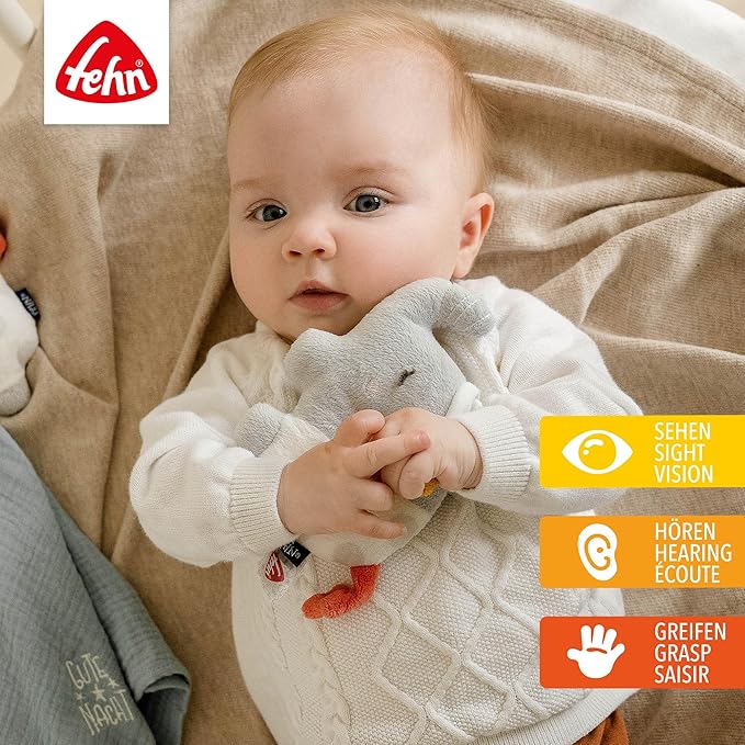 Fehn 053111 Ring Grasping Toy Elephant - Motor Skills Toy with Rattle &"Glow-in-The-Dark" Embroidery - Faithful Companion for Babies and Toddlers from 0+ Months